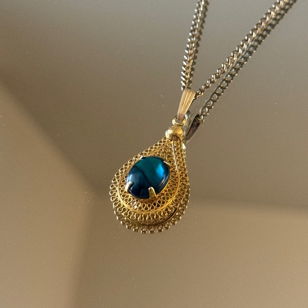 12K GF Necklace Gold and Blue Teardrop Pendant